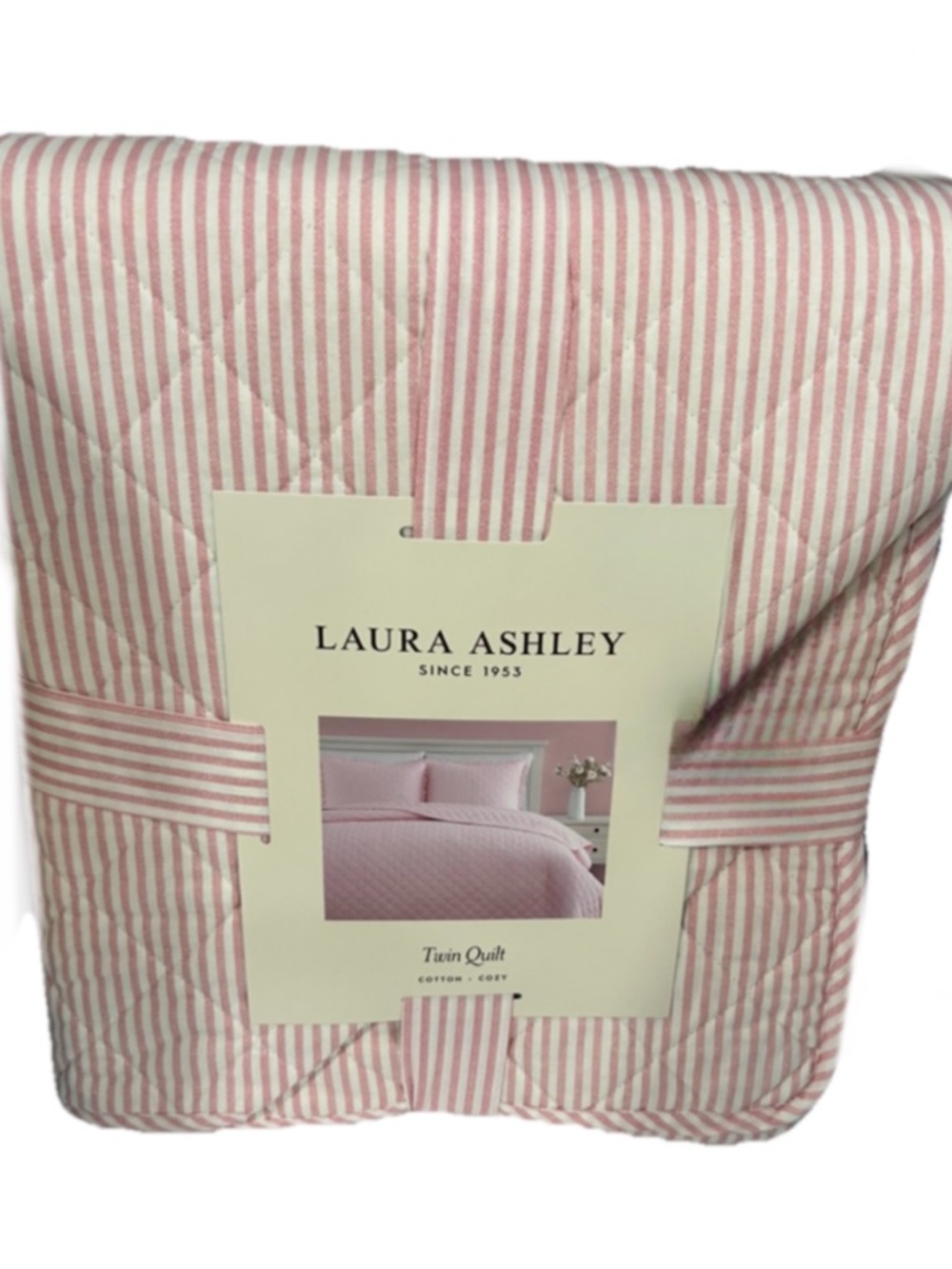 Laura Ashley Pink and White Striped Twin Cotton Quilt Set 68”x88”